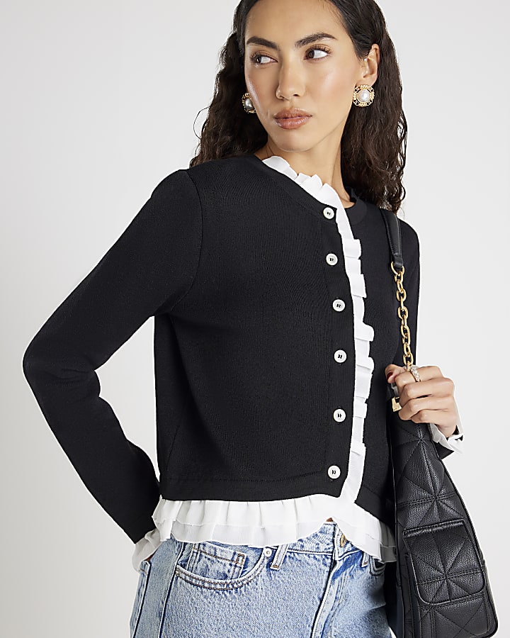 Black Knitted Frill Trim Cardigan