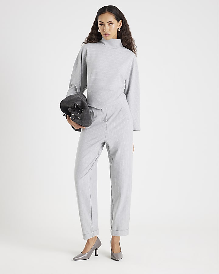 Grey High Neck Pinstripe Top