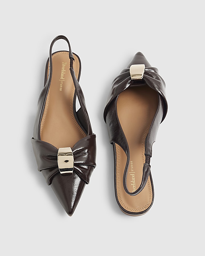 Brown Ruched Slingback Pointed Toe Shoes