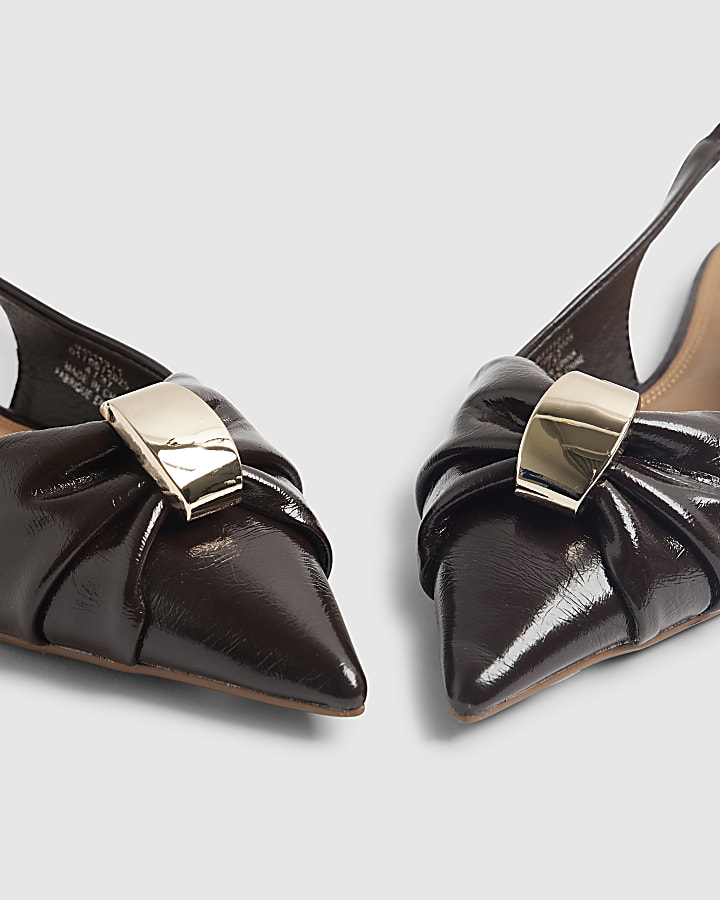 Brown Ruched Slingback Pointed Toe Shoes