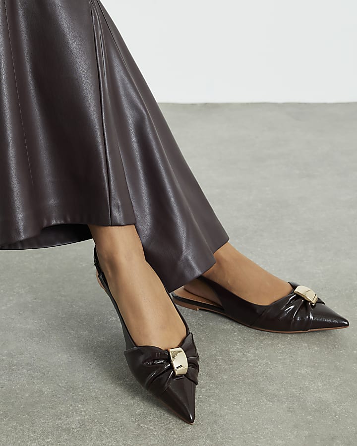 Brown Ruched Slingback Pointed Toe Shoes