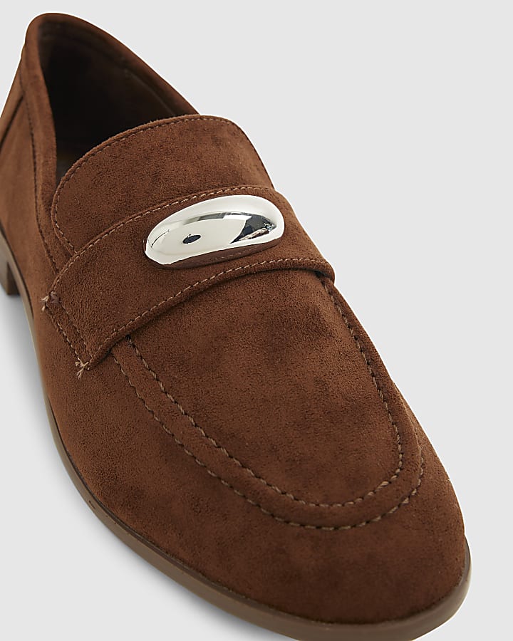 Brown Faux Suede Silver Detail Loafers