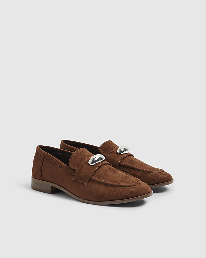 Brown Faux Suede Silver Detail Loafers