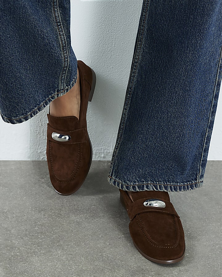 Brown Faux Suede Silver Detail Loafers