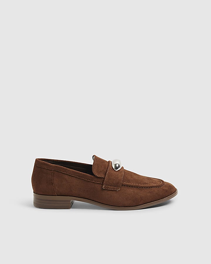 Brown Faux Suede Silver Detail Loafers