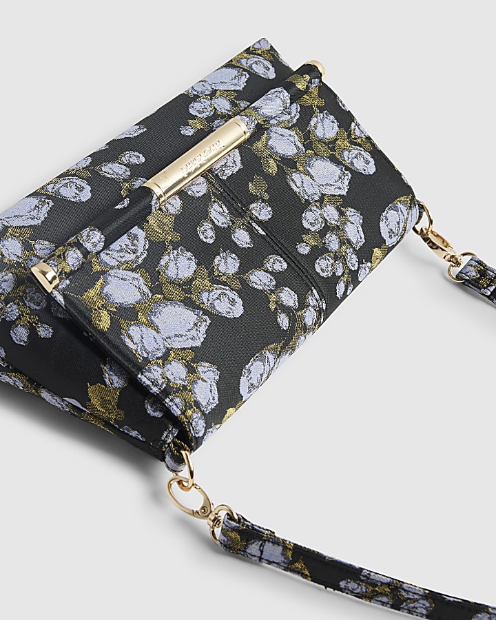 Navy Floral Jacquard Bar Front Clutch Bag