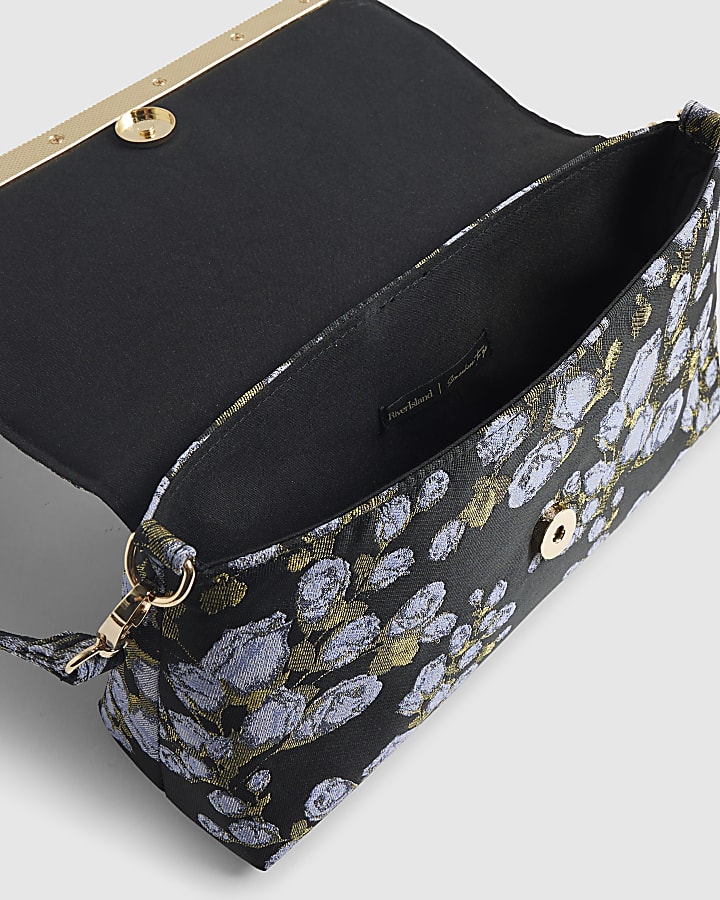 Navy Floral Jacquard Bar Front Clutch Bag