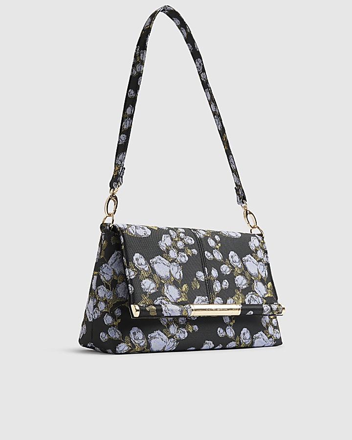 Navy Floral Jacquard Bar Front Clutch Bag