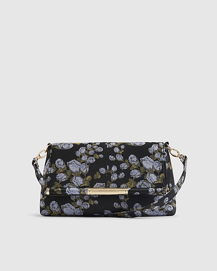 Navy Floral Jacquard Bar Front Clutch Bag