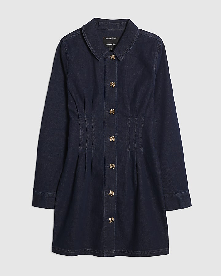 Blue Denim Cinched Waist Mini Dress