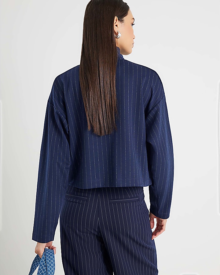 Navy Long Sleeve Pinstripe Zip Through Jacket