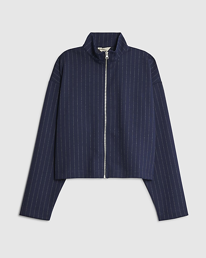 Navy Long Sleeve Pinstripe Zip Through Jacket