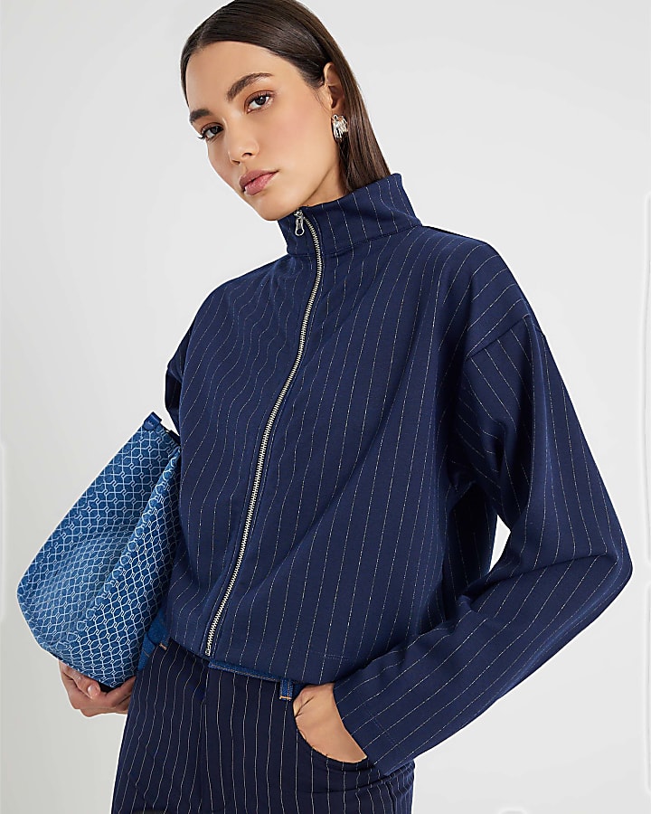 Navy Long Sleeve Pinstripe Zip Through Jacket