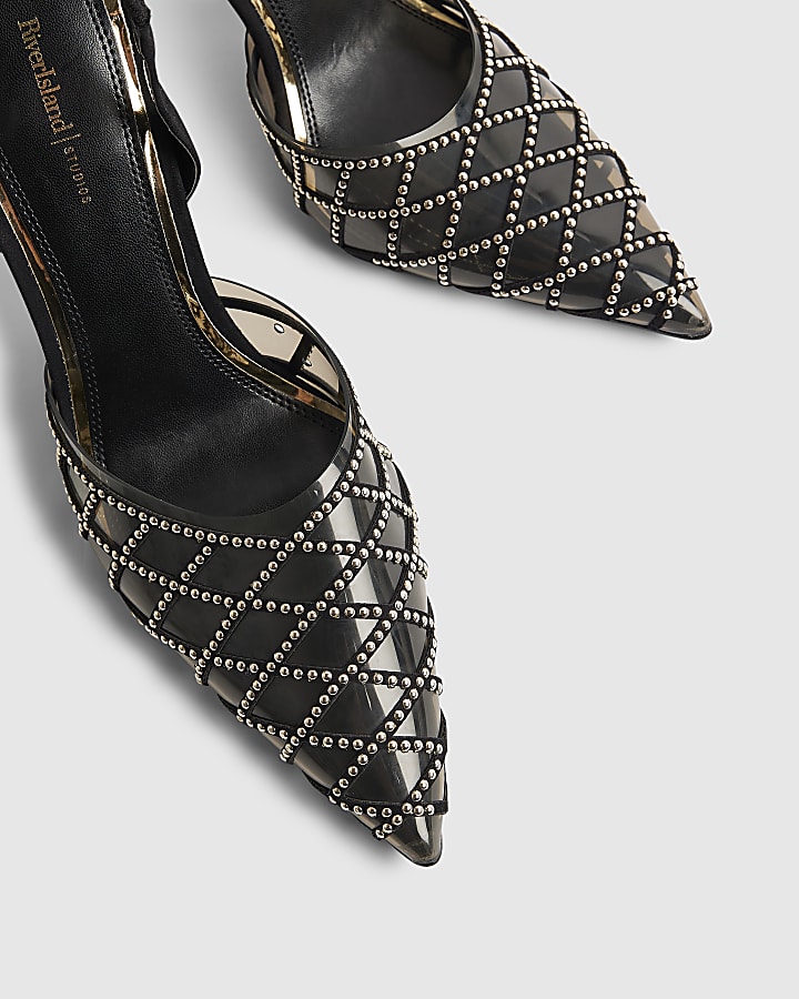 Black Studded Perspex Court Slingback Heels