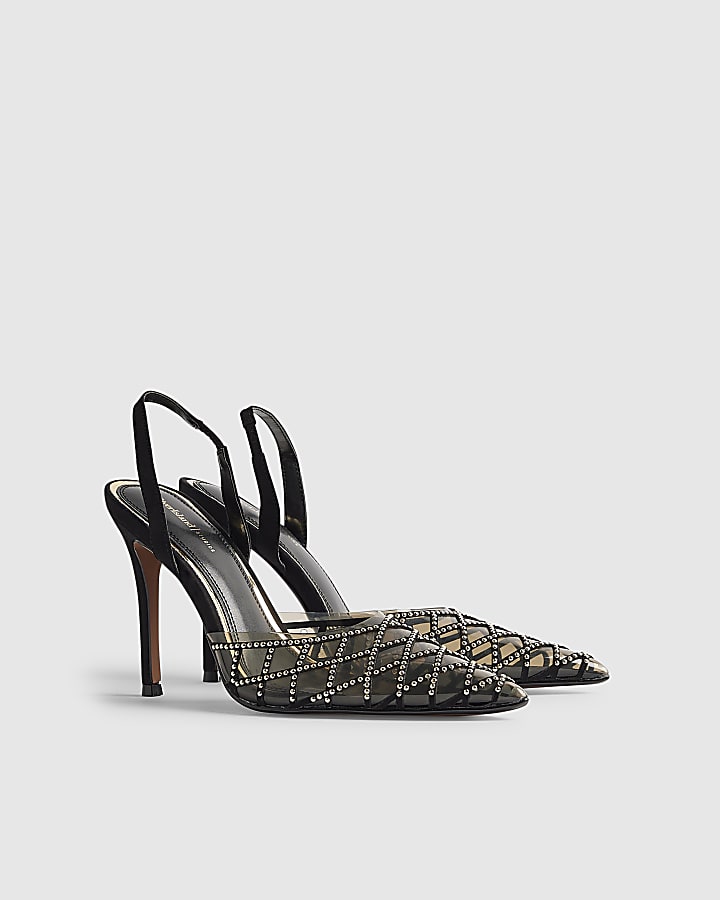 Black Studded Perspex Court Slingback Heels