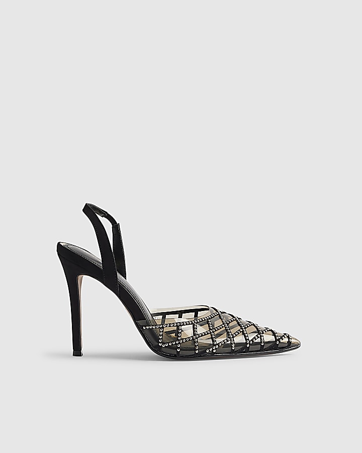Black Studded Perspex Court Slingback Heels