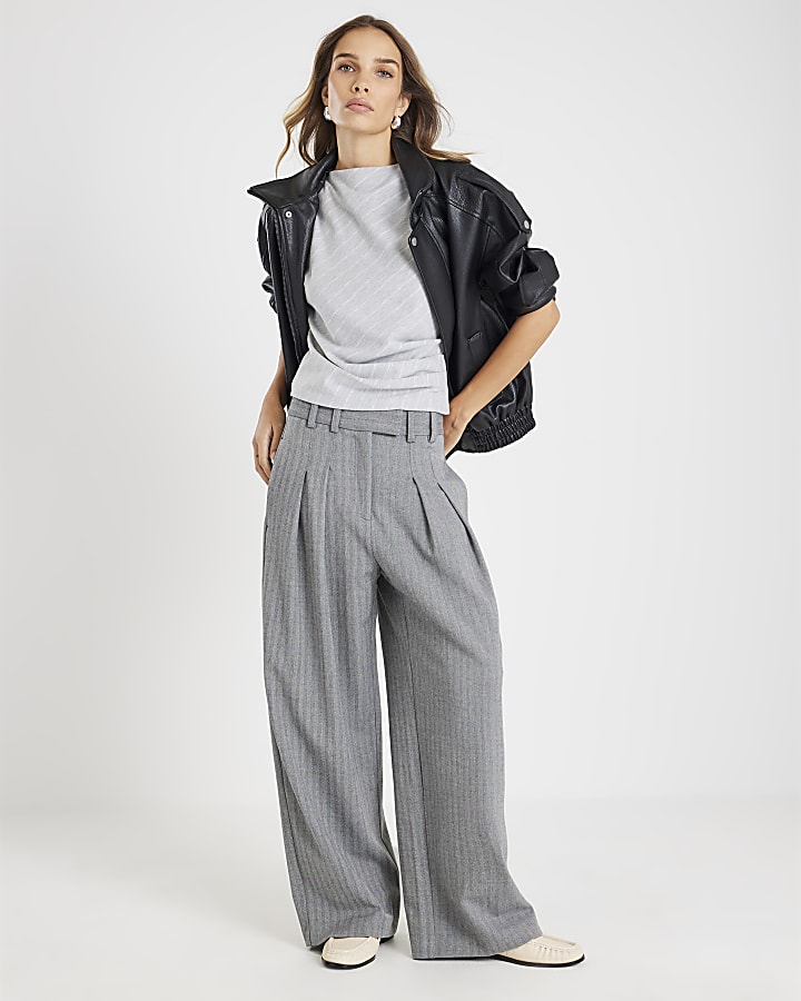 Grey Pinstripe Ruched T-shirt