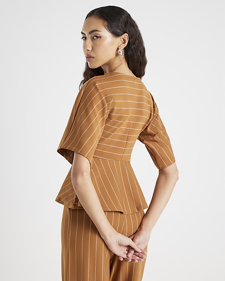 Beige Pinstripe Peplum Hem Top