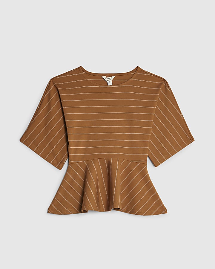 Beige Pinstripe Peplum Hem Top