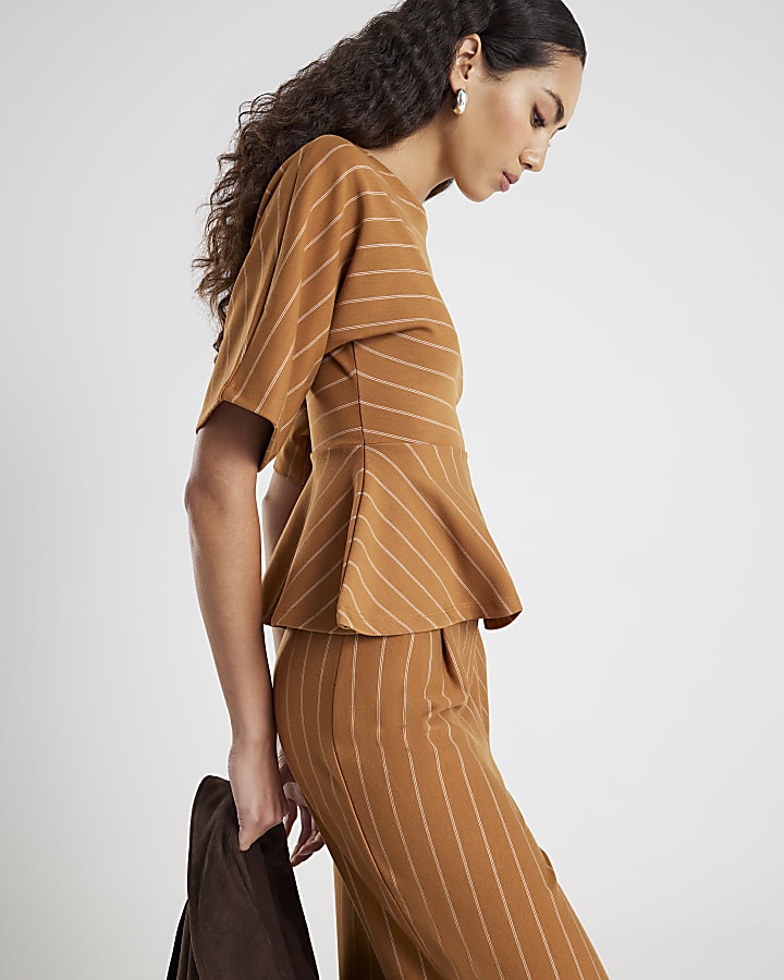 Beige Pinstripe Peplum Hem Top