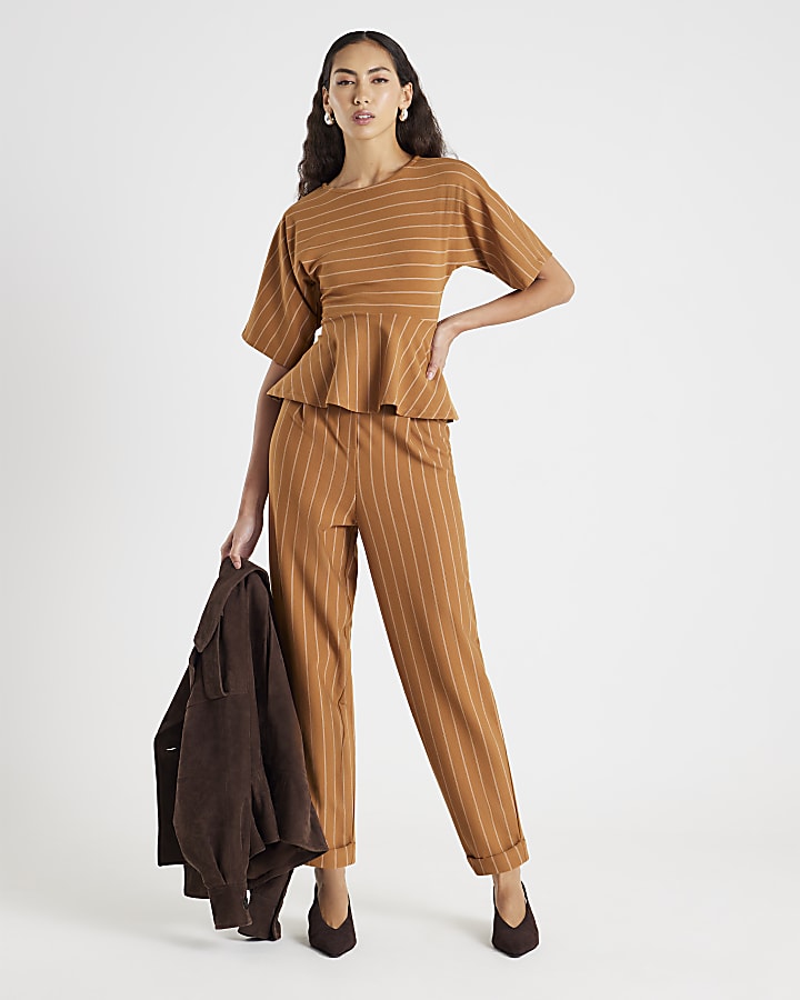 Beige Pinstripe Peplum Hem Top