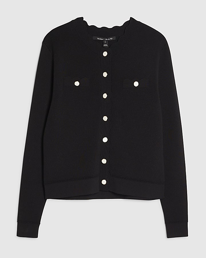 Black Knit Fitted Scallop Trim Cardigan