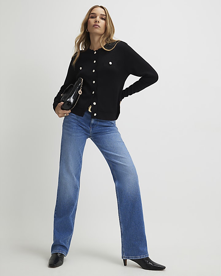 Black Knit Fitted Scallop Trim Cardigan