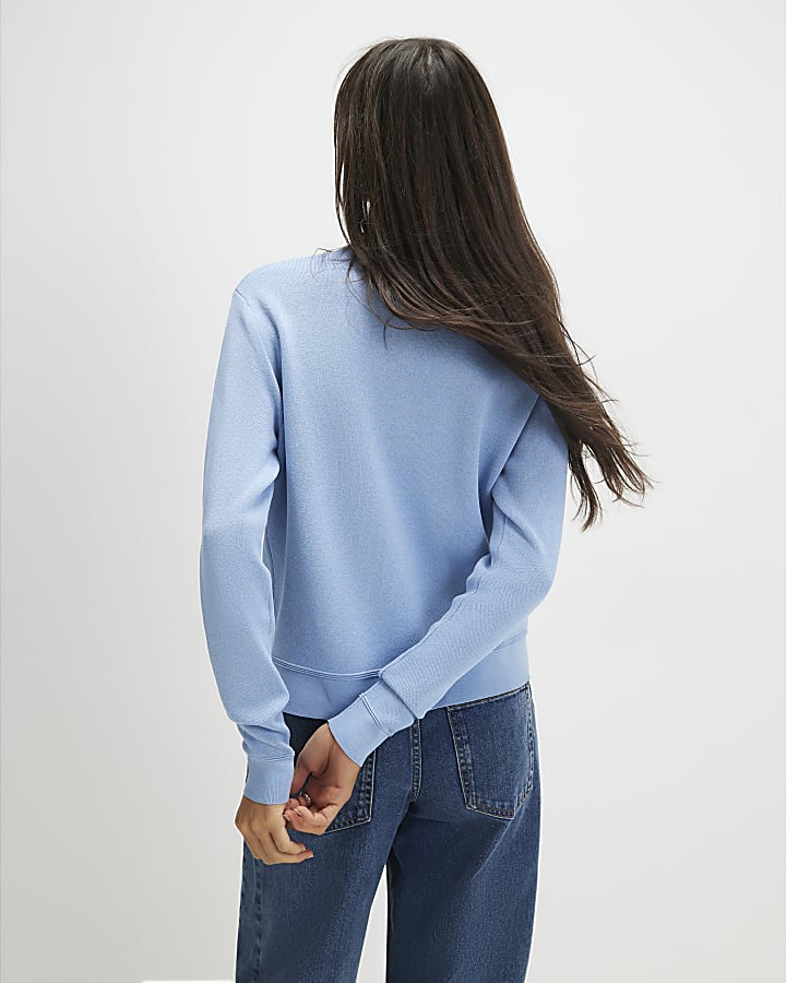 Blue Knit Fitted Scallop Trim Cardigan