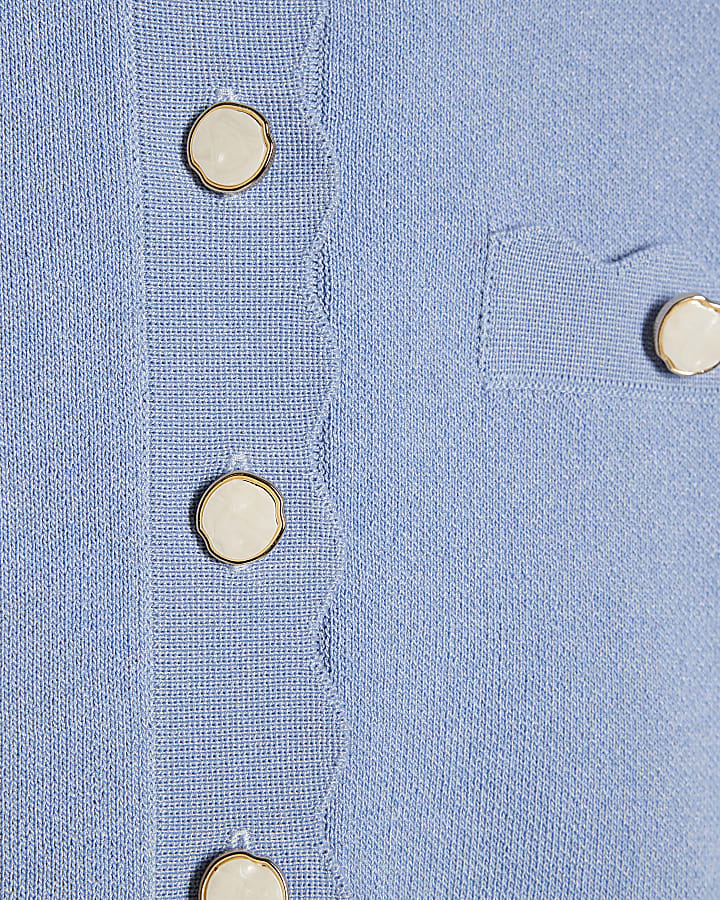 Blue Knit Fitted Scallop Trim Cardigan