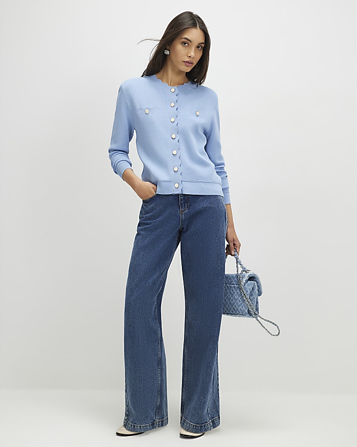 Blue Knit Fitted Scallop Trim Cardigan