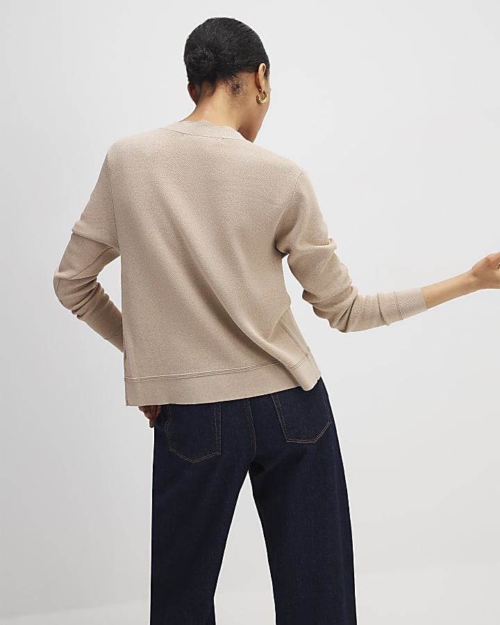 Brown Knit Fitted Scallop Trim Cardigan