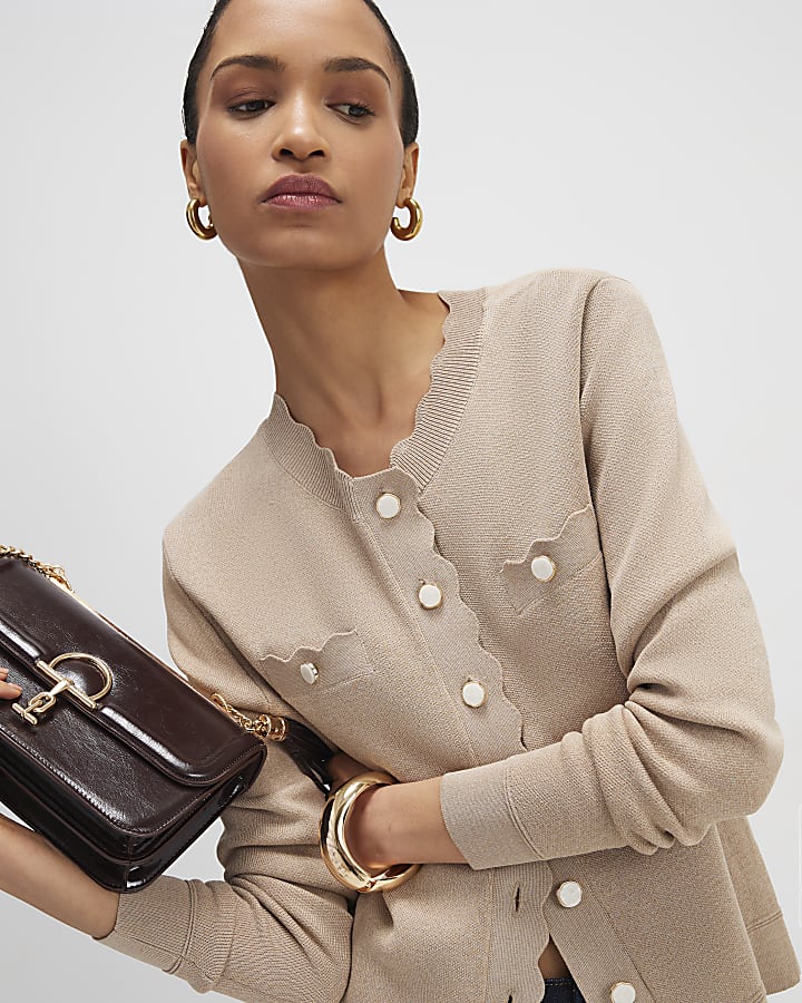 Brown Knit Fitted Scallop Trim Cardigan