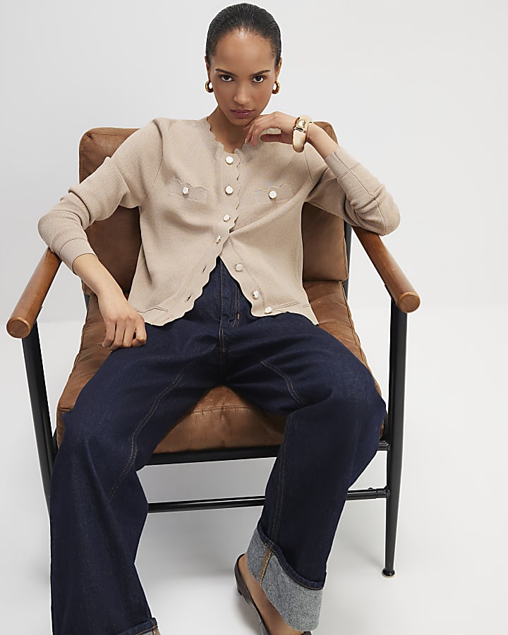 Brown Knit Fitted Scallop Trim Cardigan