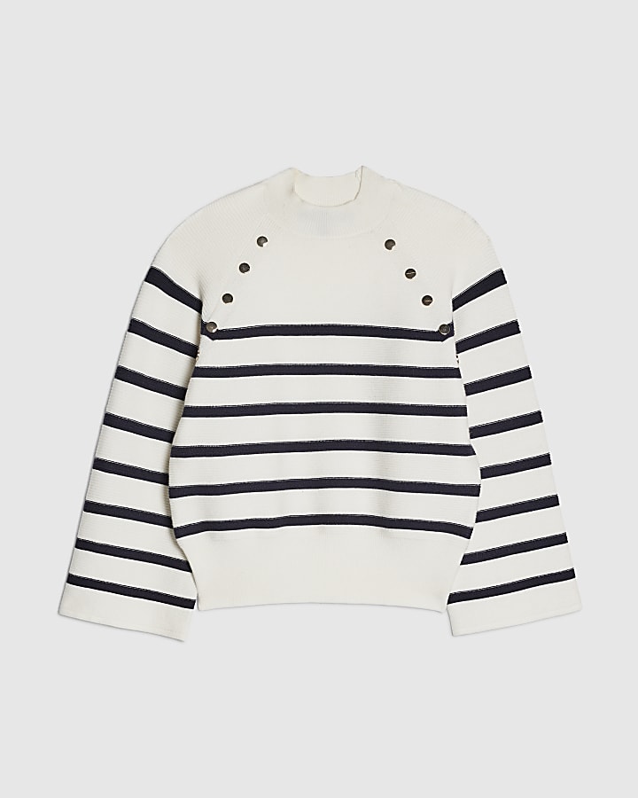 Cream Striped Ribbed Button Jumper