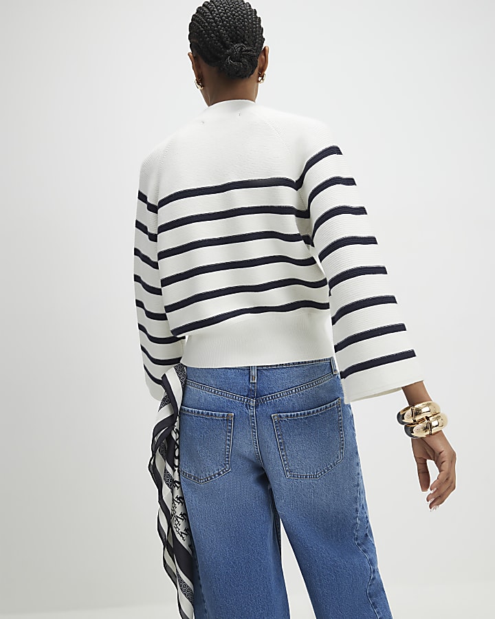 Cream Striped Ribbed Button Jumper