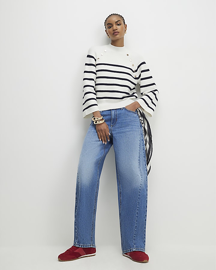 Cream Striped Ribbed Button Jumper