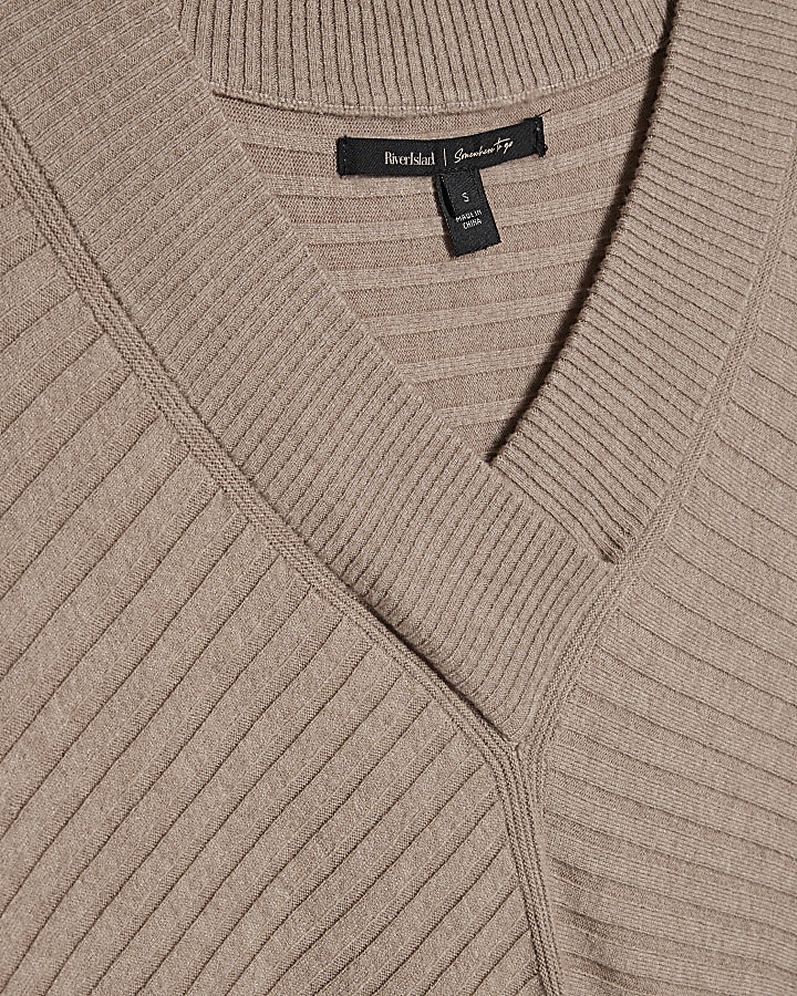 Brown V Neck Ribbed Jumper