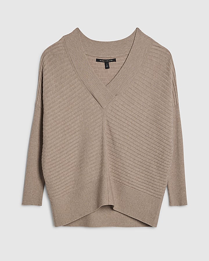 Brown V Neck Ribbed Jumper