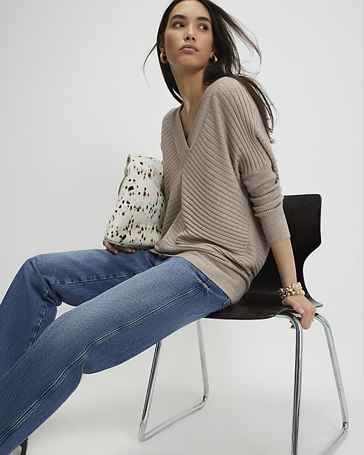 Brown V Neck Ribbed Jumper