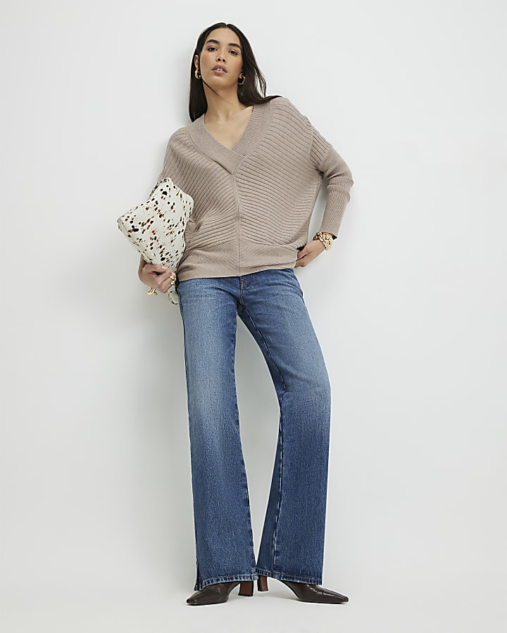 Brown V Neck Ribbed Jumper