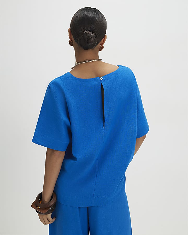 Petite Blue Linen Blend Top