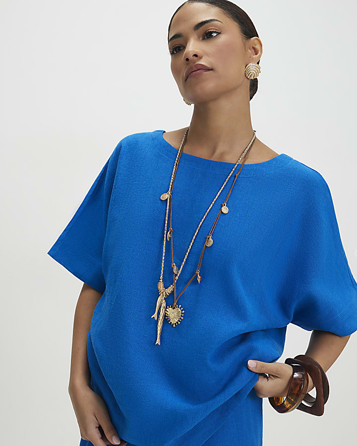 Petite Blue Linen Blend Top