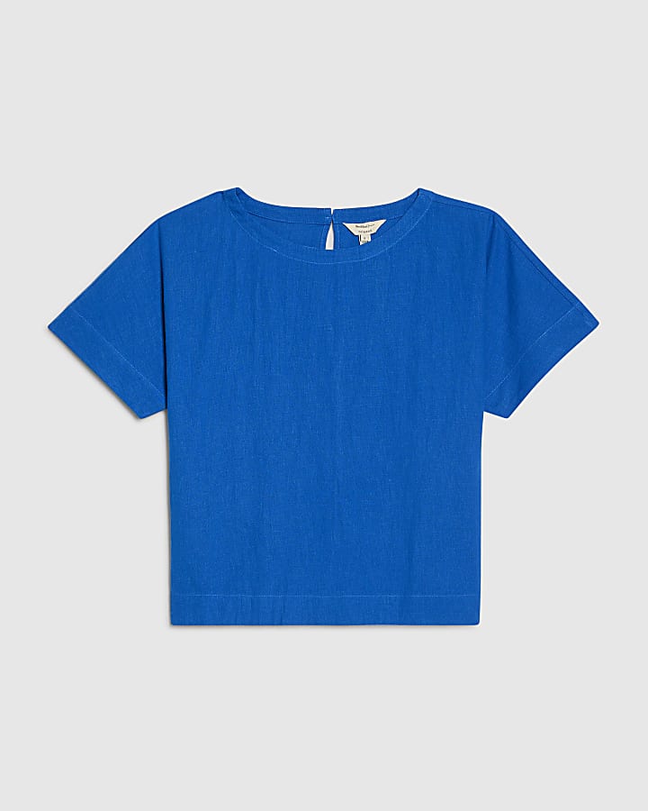 Petite Blue Linen Blend Top