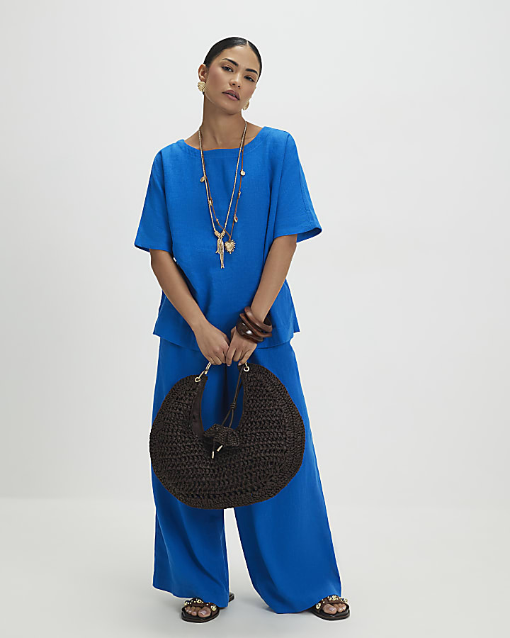 Petite Blue Linen Blend Top