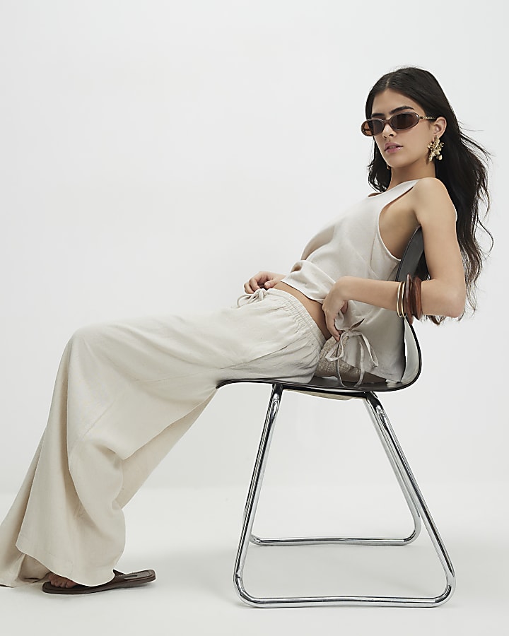 Petite Beige Linen Blend Wide Leg Trousers