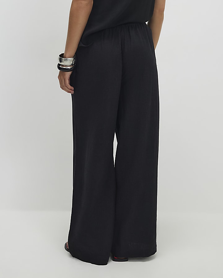 Petite Black Linen Blend Wide Leg Trousers