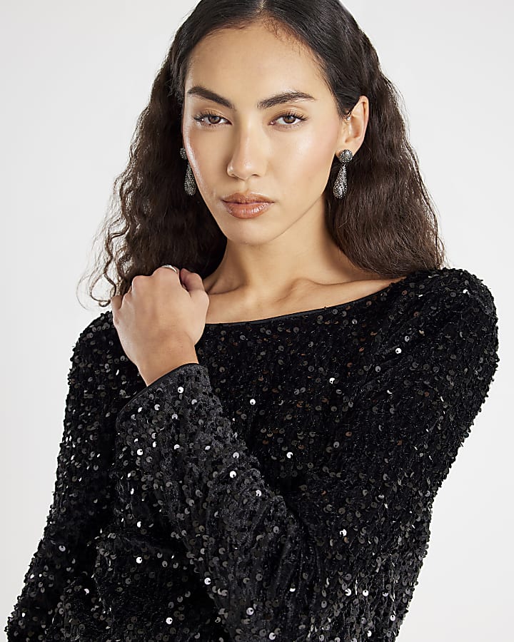 Black Sequin Embellished Bow Back Mini Dress