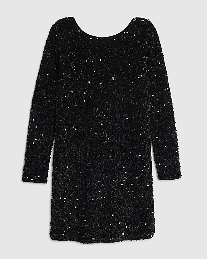 Black Sequin Embellished Bow Back Mini Dress