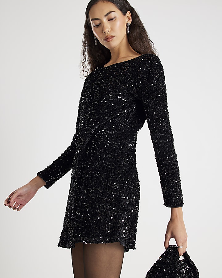 Black Sequin Embellished Bow Back Mini Dress