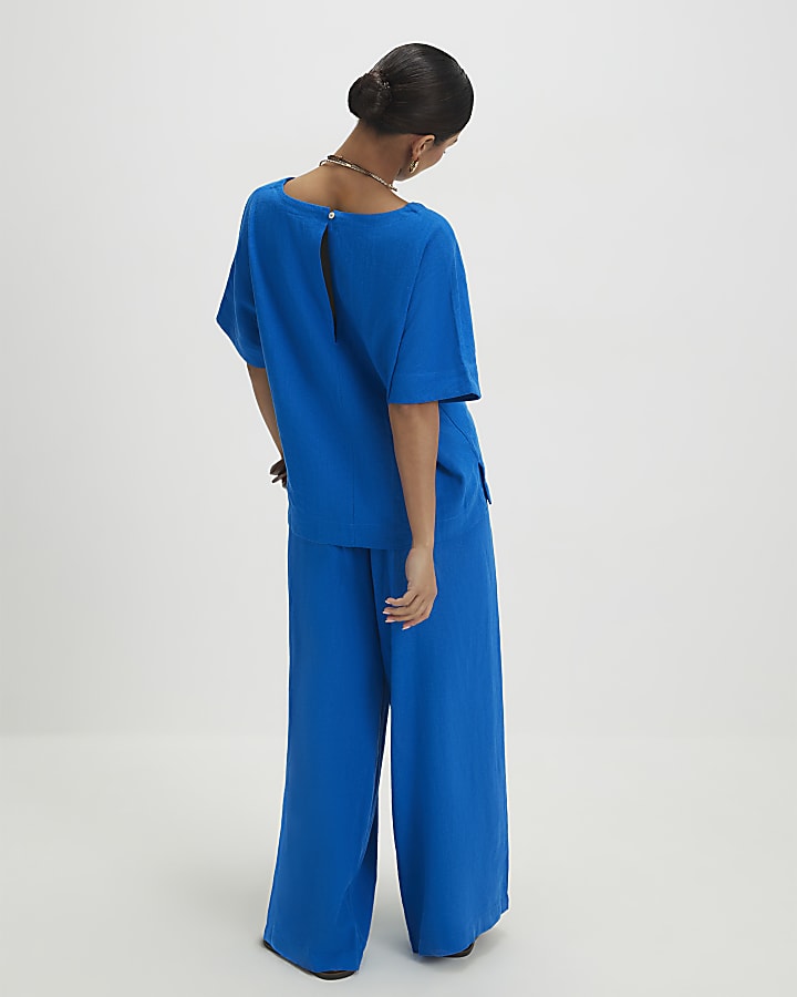Petite Blue Linen Blend Wide Leg Trousers